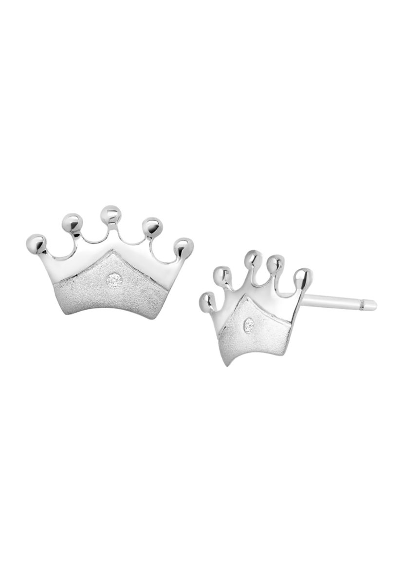 Girls Diamond Accent Crown Earrings in Sterling Silver