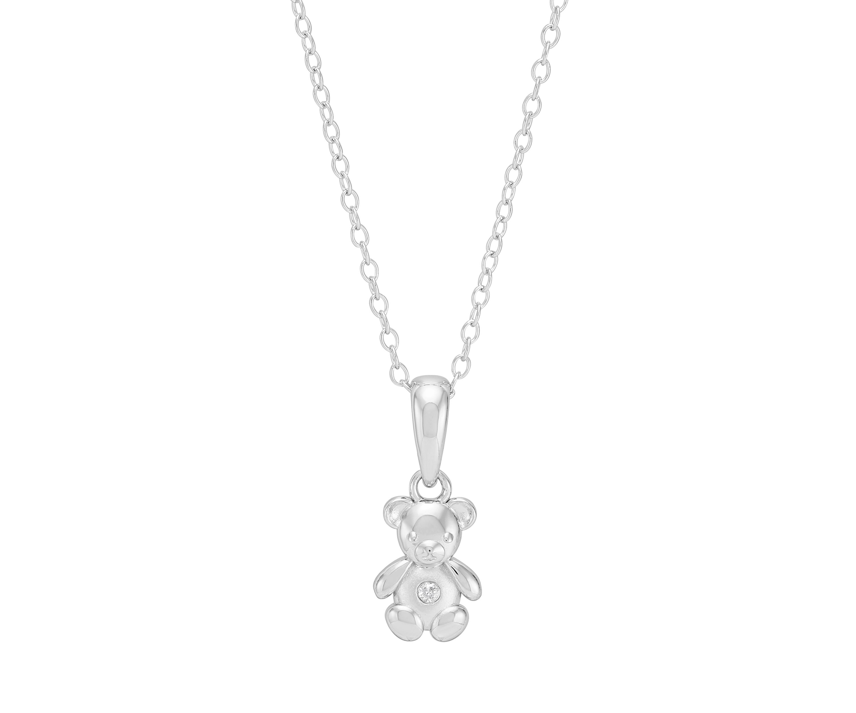 Diamond Accent Teddy Bear Pendant with 16" Cable Chain in Sterling Silver