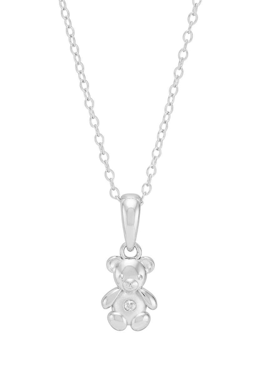 Diamond Accent Teddy Bear Pendant with 16" Cable Chain in Sterling Silver
