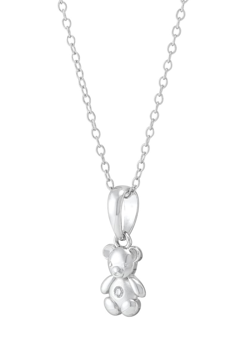 Diamond Accent Teddy Bear Pendant with 16" Cable Chain in Sterling Silver