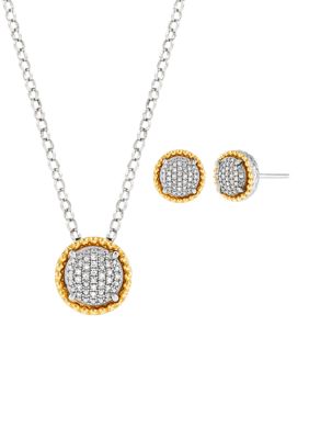 Belk & Co Diamond Pendant Necklace with 20" Rolo Chain and Stud Earrings Set in Sterling Silver and 14K Yellow Gold, 20 in