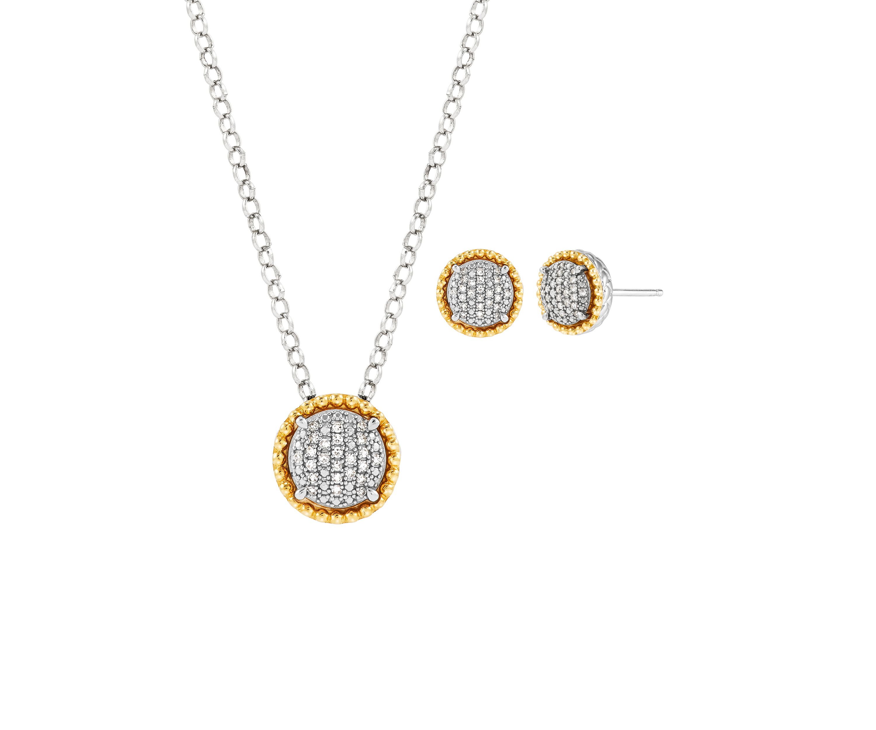 Diamond Pendant Necklace with 20" Rolo Chain and Stud Earrings Set in Sterling Silver and 14K Yellow Gold