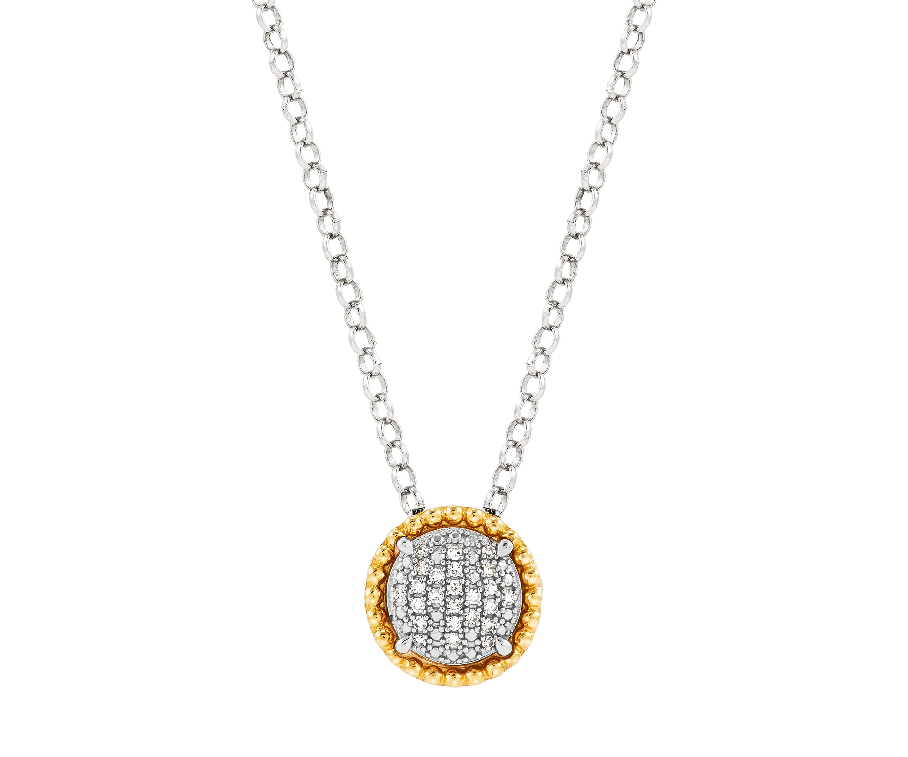 Diamond Pendant Necklace with 20" Rolo Chain and Stud Earrings Set in Sterling Silver and 14K Yellow Gold