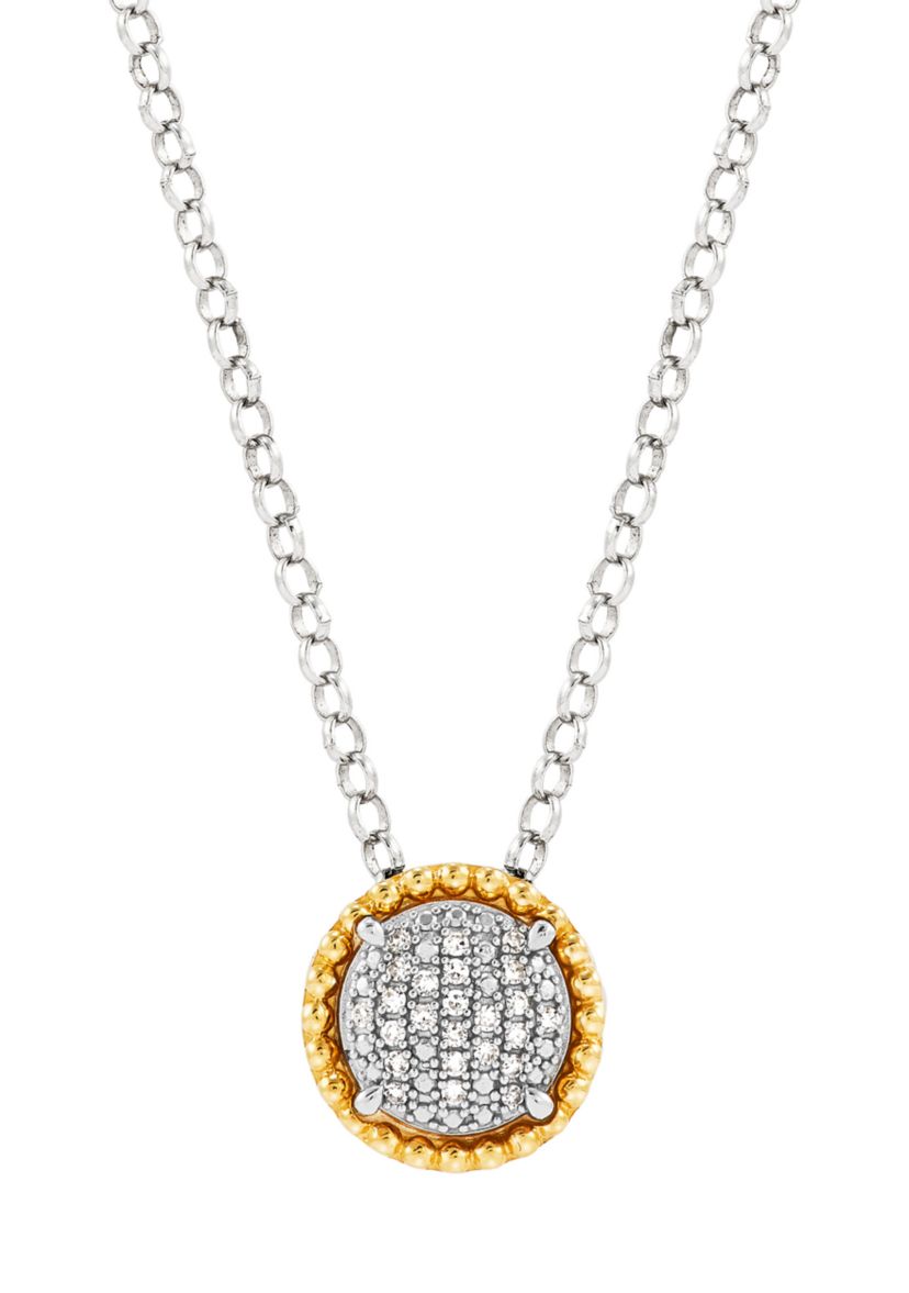 Diamond Pendant Necklace with 20" Rolo Chain and Stud Earrings Set in Sterling Silver and 14K Yellow Gold