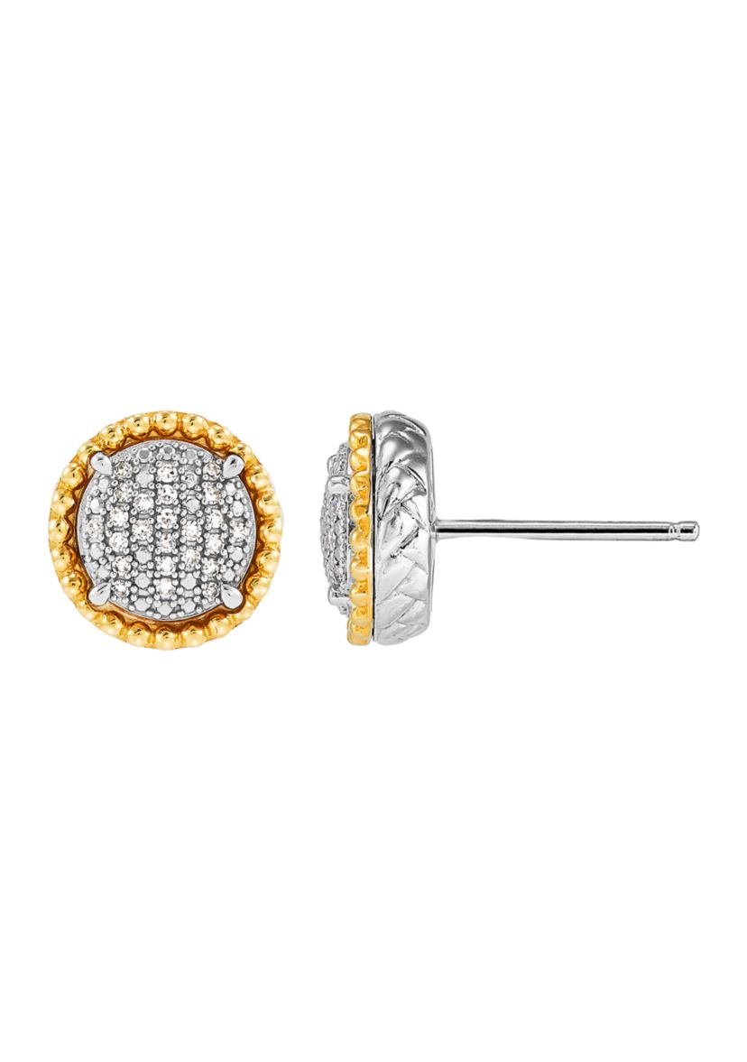 Diamond Pendant Necklace with 20" Rolo Chain and Stud Earrings Set in Sterling Silver and 14K Yellow Gold