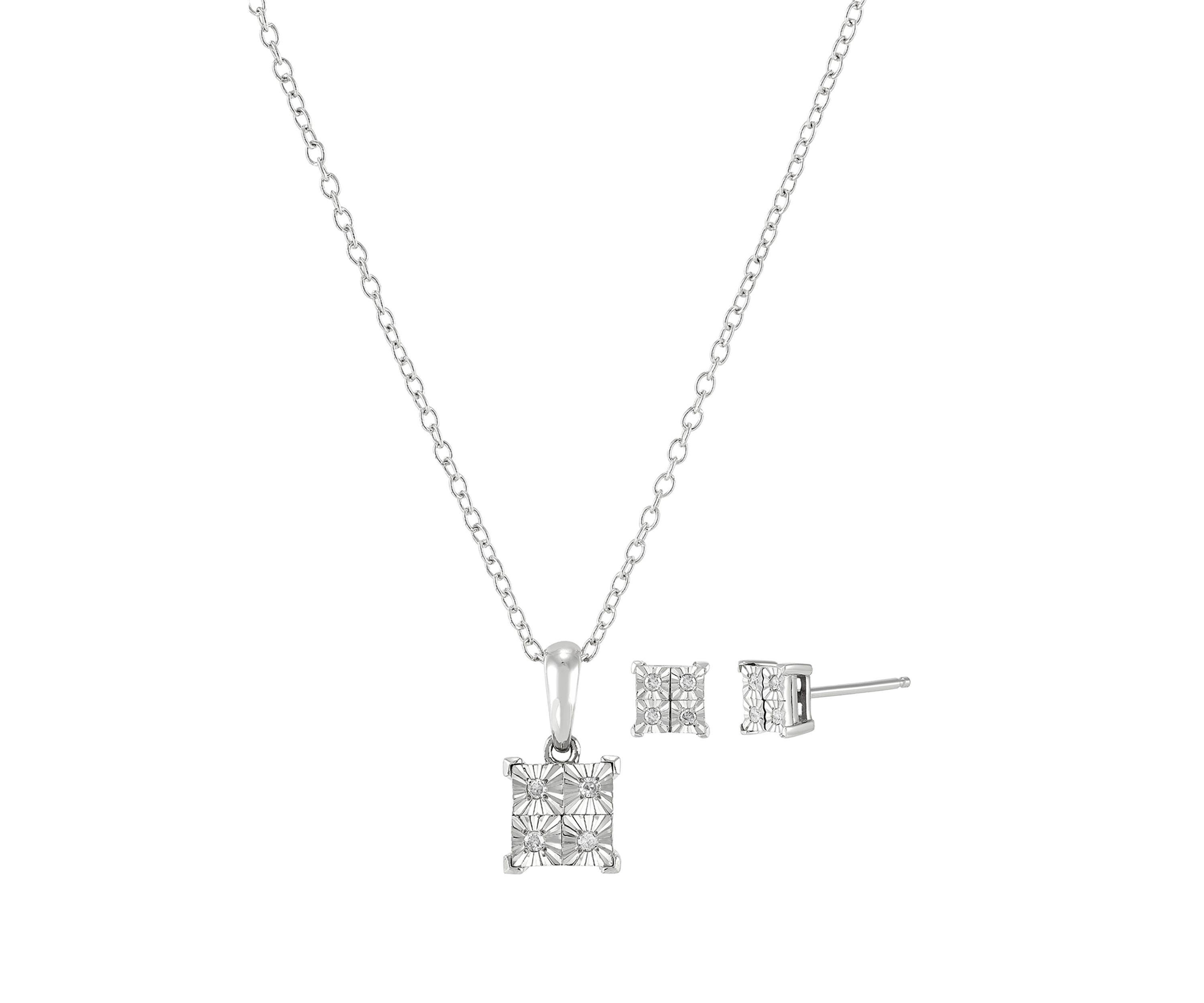 1/10 ct. t.w. Diamond Pendant with 18" Cable Chain and Stud Earrings Set in Sterling Silver 
