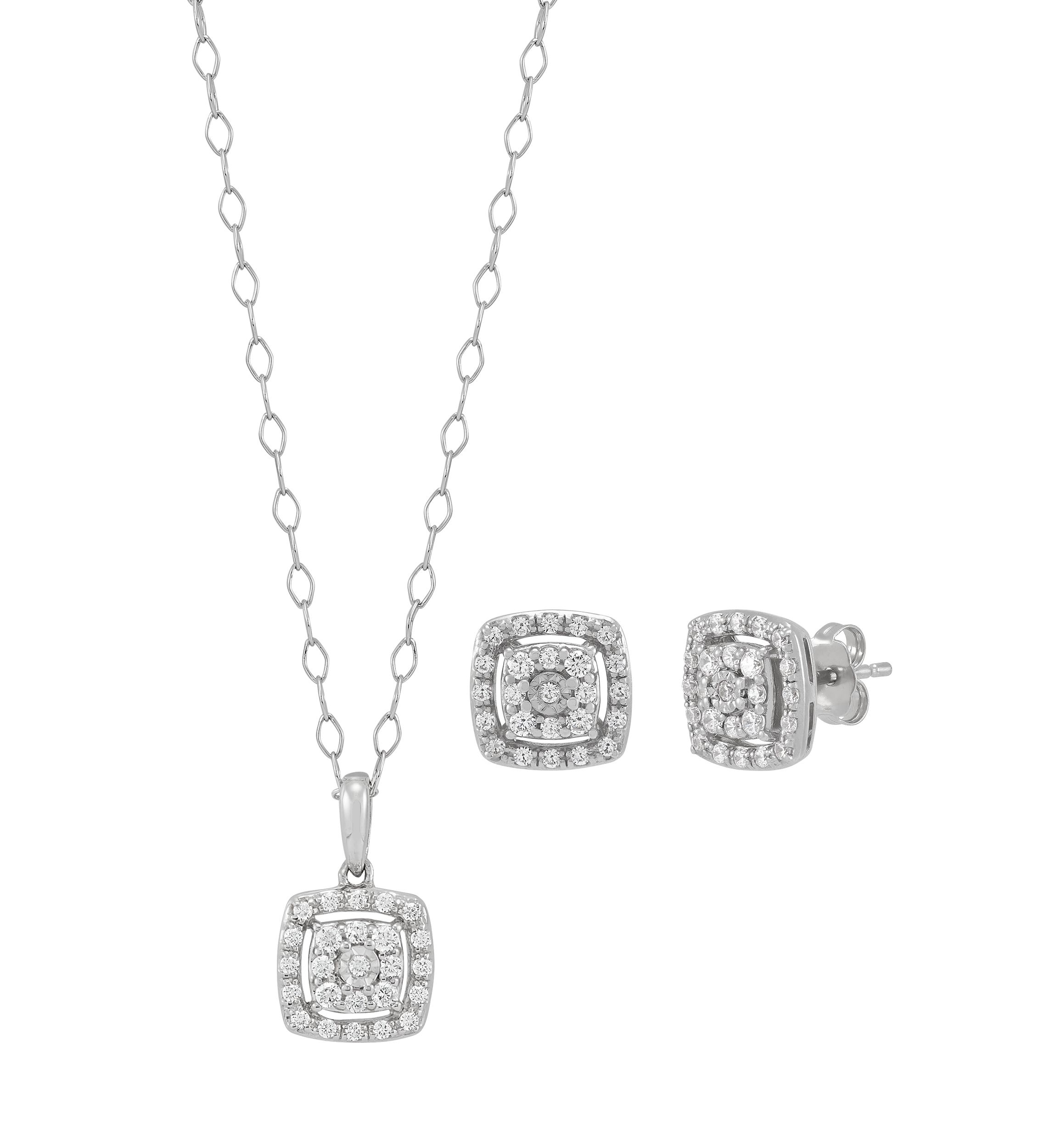 1/2 ct. t.w. Diamond Stud Earrings and Pendant with 18" Cable Chain in Sterling Silver