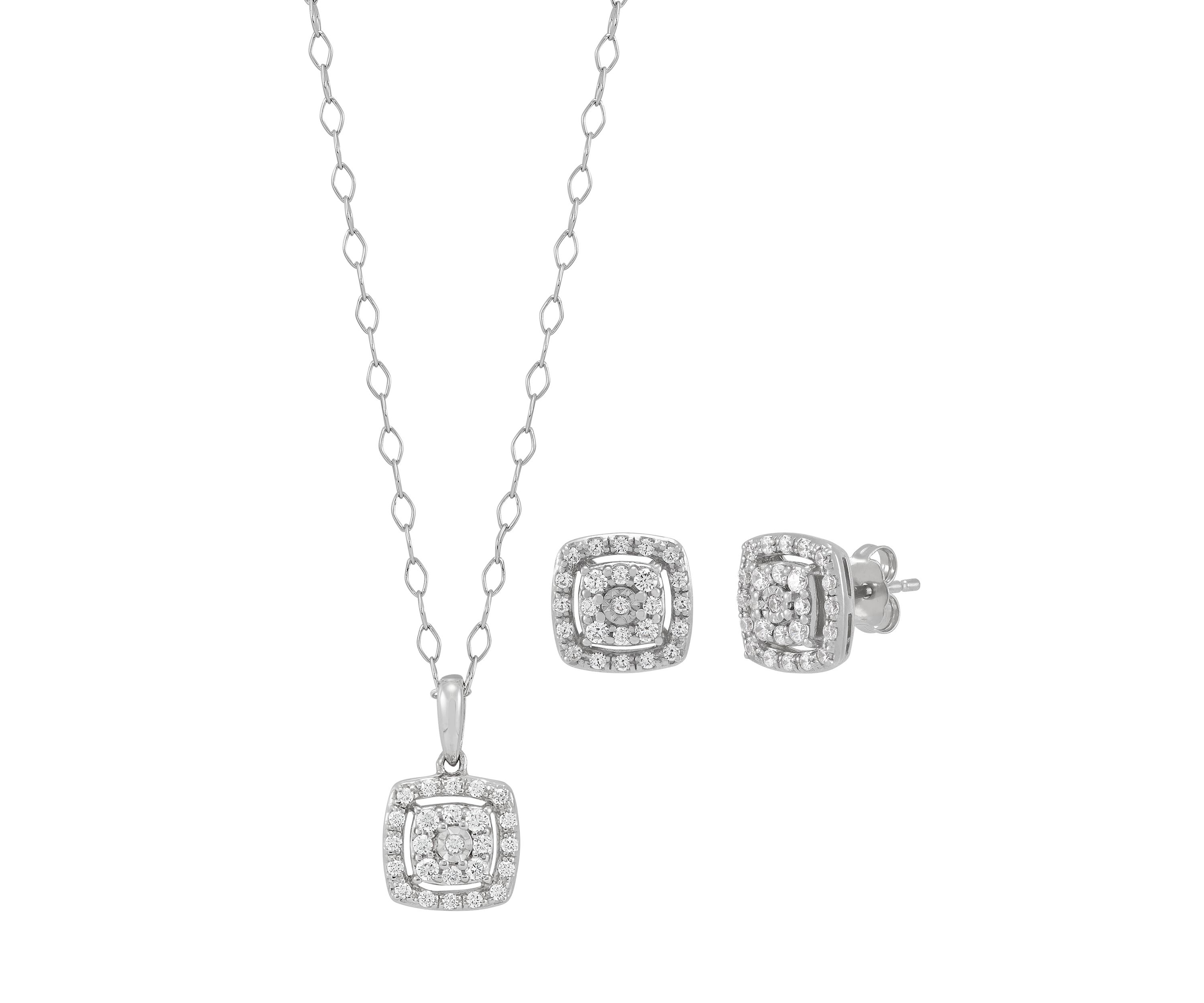 1/2 ct. t.w. Diamond Stud Earrings and Pendant with 18" Cable Chain in Sterling Silver