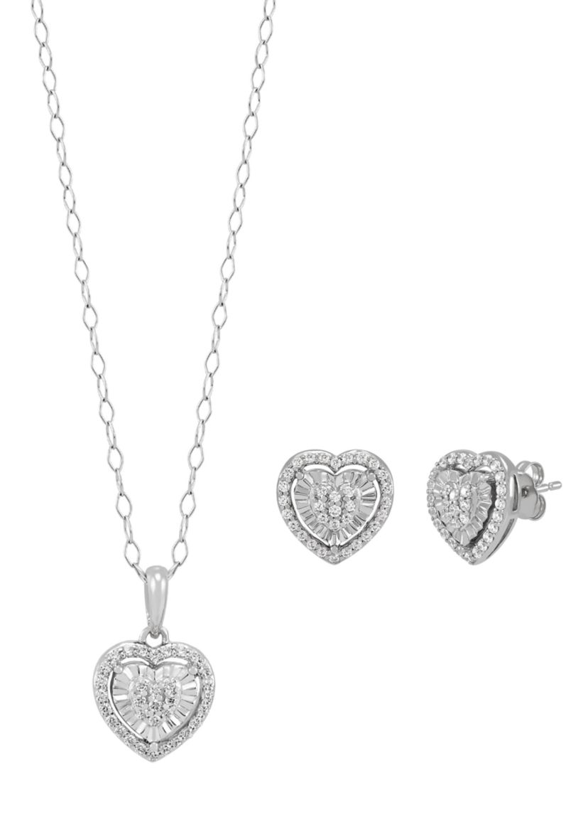1/2 ct. t.w. Diamond Heart Earrings and Pendant with 18" Cable Chain Set in Sterling Silver