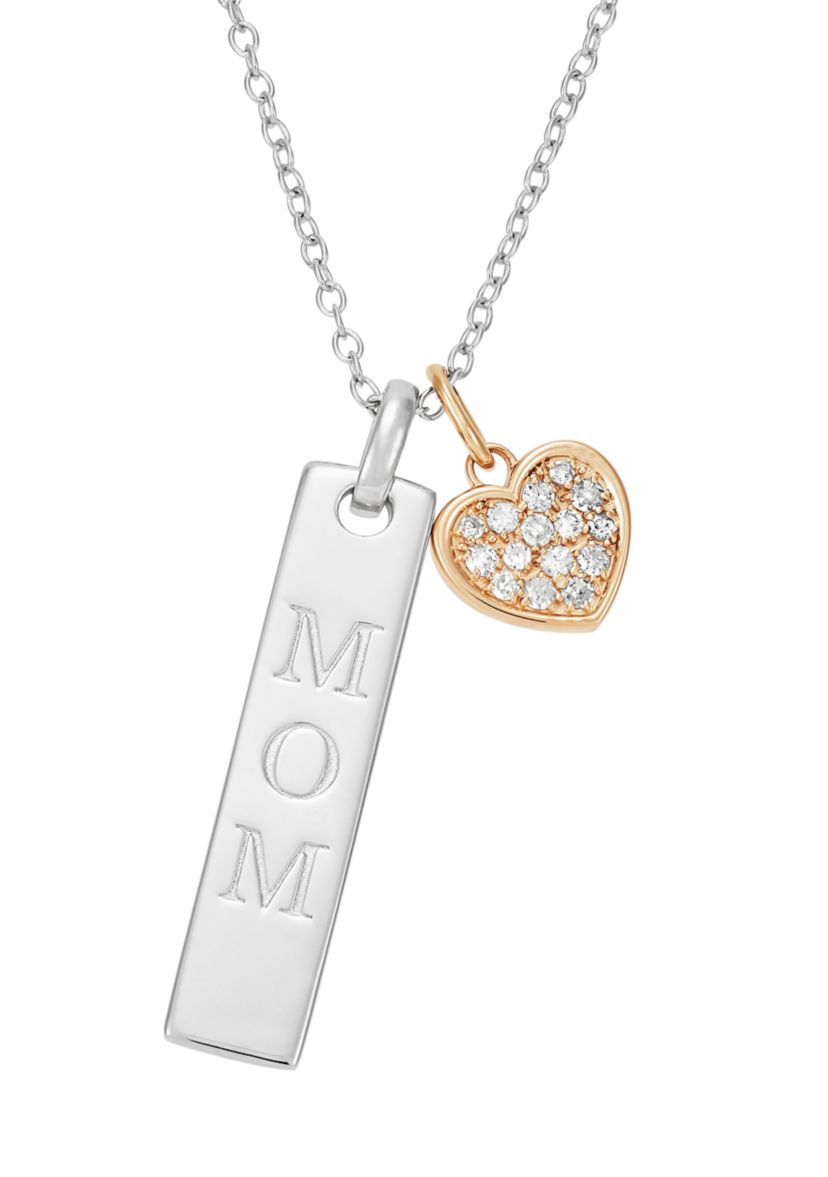 1/10 ct. t.w. Diamond Mom Drop Heart Pendant Necklace in Sterling Silver + 10K Yellow Gold