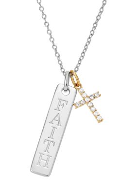Belk & Co Accent Diamond Faith Drop Heart Pendant in Sterling Silver + 10K Yellow Gold, 18 in