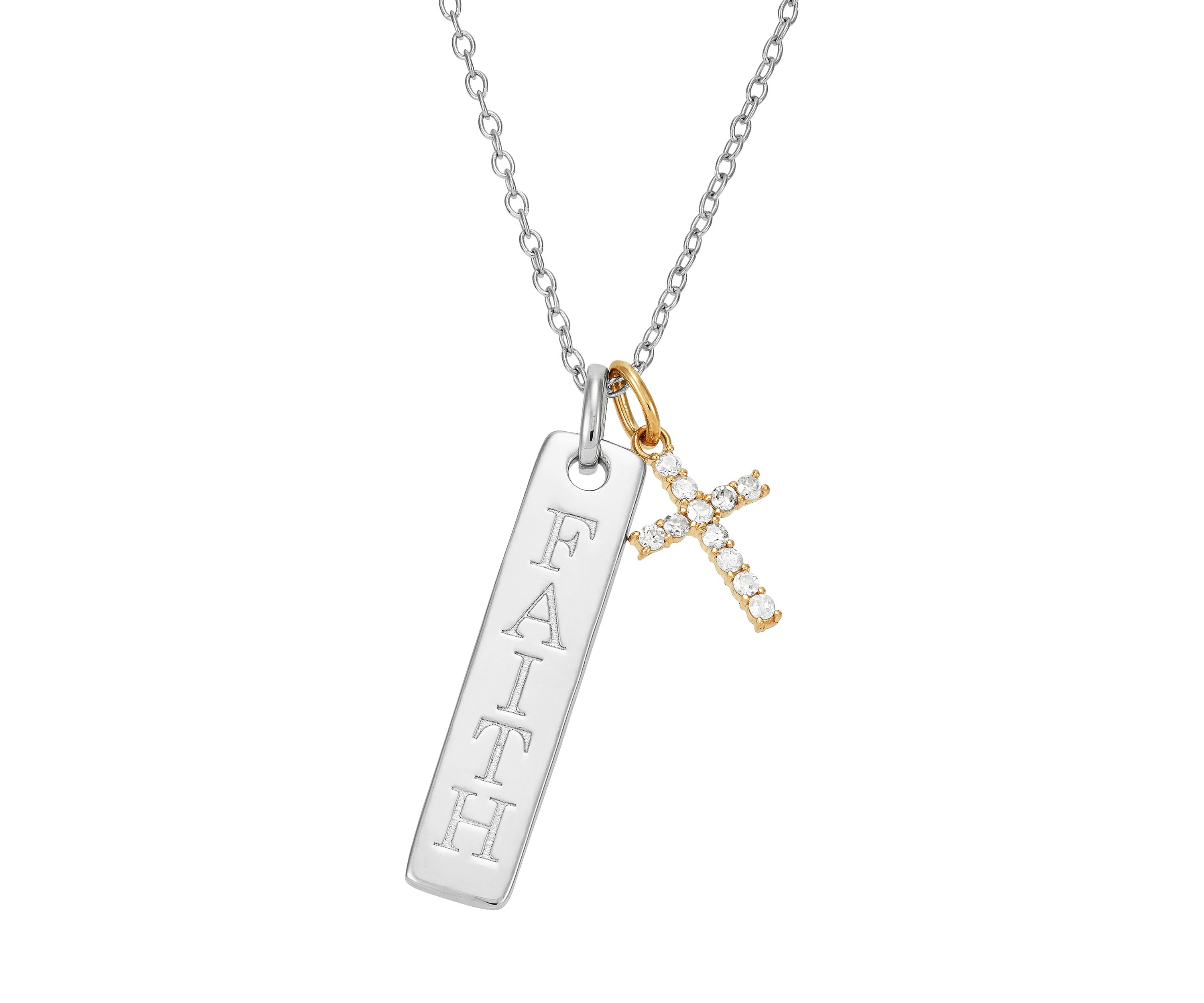 Accent Diamond Faith Drop Heart Pendant in Sterling Silver + 10K Yellow Gold