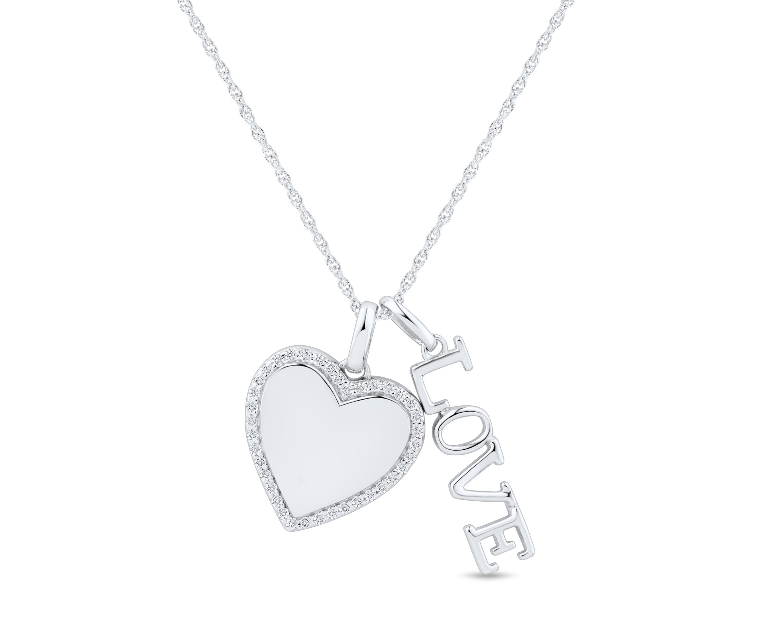 1/8 ct. t.w. Diamond Heart and Love Pendant with 18" Rope Chain Sterling Silver