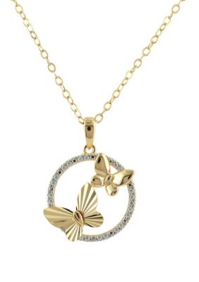 Belk & Co 1/10 ct. t.w. Diamond Butterfly on Circle Pendant Necklace with 18" Cable Chain in Gold Over Sterling Silver