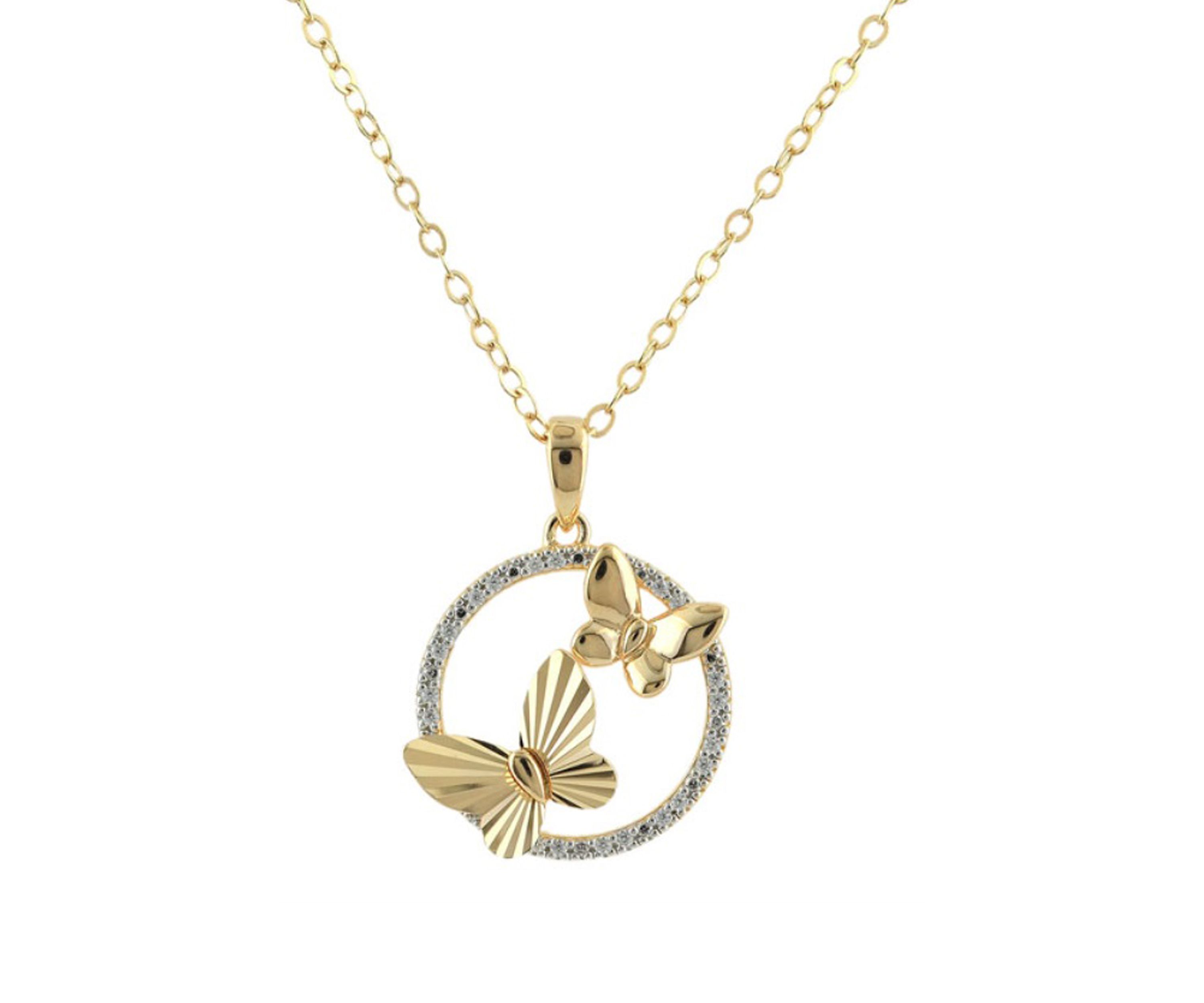 1/10 ct. t.w. Diamond Butterfly on Circle Pendant Necklace with 18" Cable Chain in Gold Over Sterling Silver