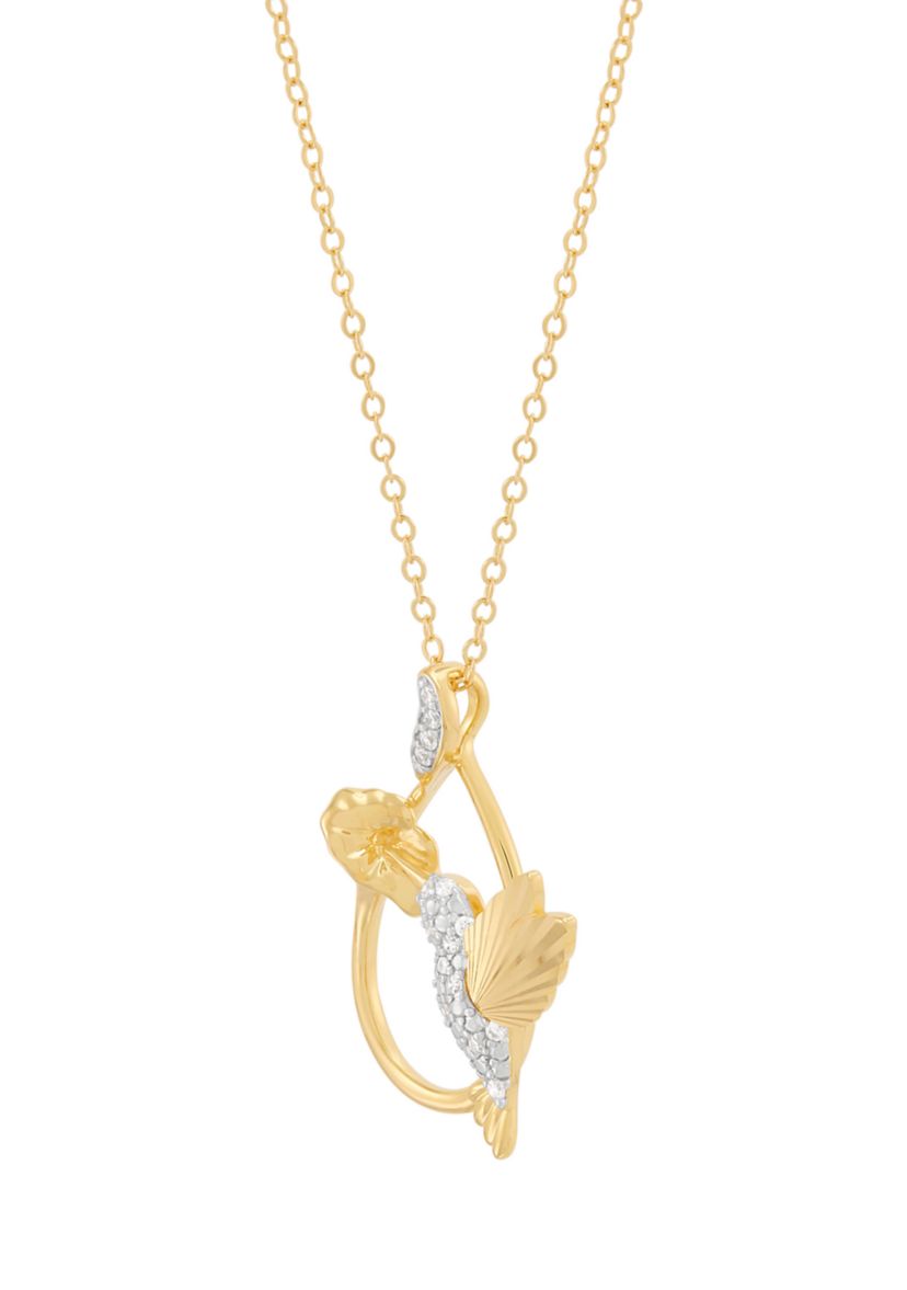  1/10 ct. t.w. Lab Grown Diamond Flower and Bird Pendant with 18" Cable Chain in Sterling Silver
