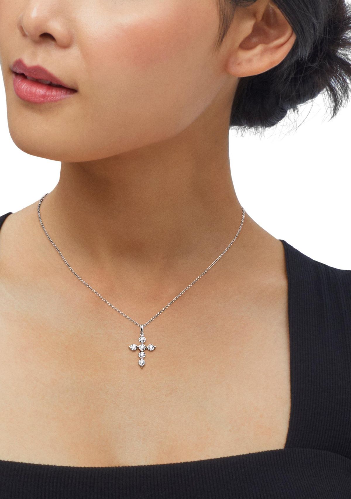 1/4 ct. t.w. Lab Grown Diamond Cross Pendant Necklace with 18" Cable Chain in Sterling Silver