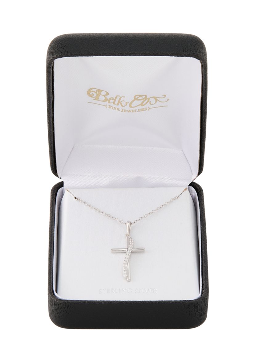 1/10 ct. t.w. Lab Grown Diamond Cross Pendant with 18" Cable Chain in Sterling Silver