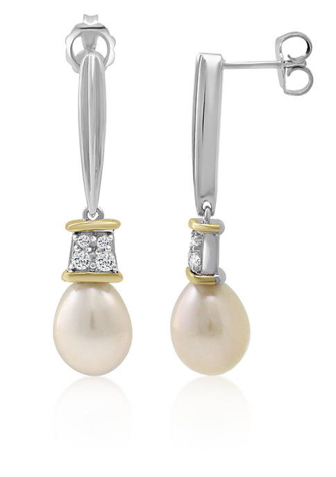 Freshwater Pearl & White Topaz Drop Earrings in Sterling Silver and 14K Yellow Gold