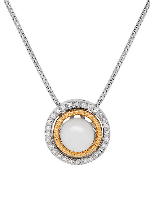 Sterling Silver 14K Yellow Gold Diamond & Pearl Pendant Necklace