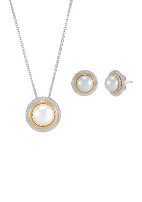 Belk & Co Pearl Stud Earrings and Pendant Necklace with 20" Forzanite Chain Set in Sterling Silver and 14K Yellow Gold, 20 in
