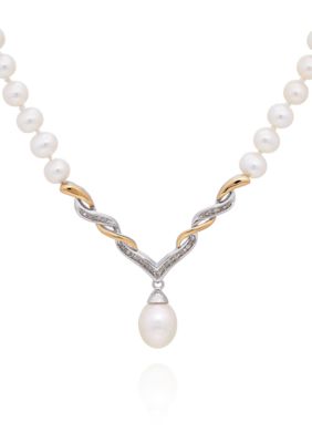 Belk & Co Freshwater Pearl and Diamond Necklace in Sterling Silver and 14k Yellow Gold