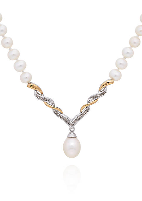 Freshwater Pearl and Diamond Necklace in Sterling Silver and 14k Yellow Gold