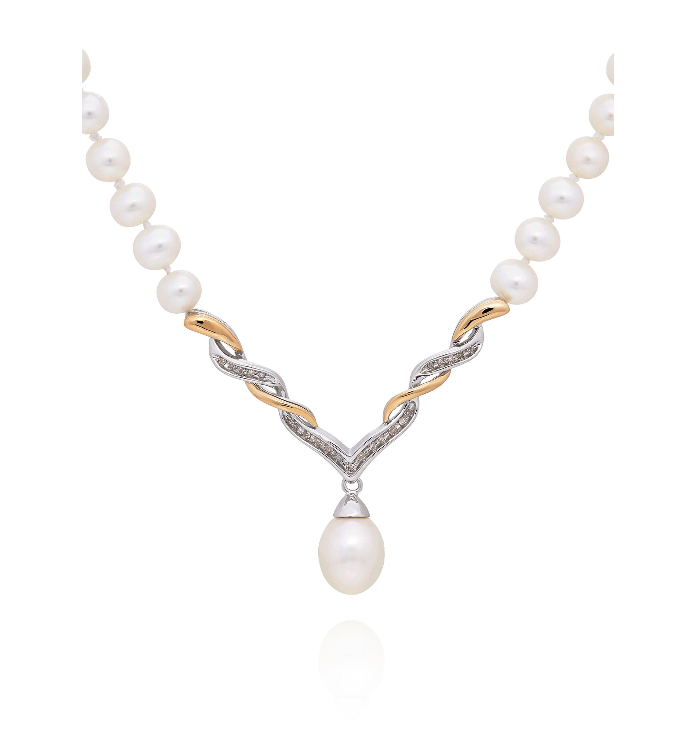 Freshwater Pearl and Diamond Necklace in Sterling Silver and 14k Yellow Gold