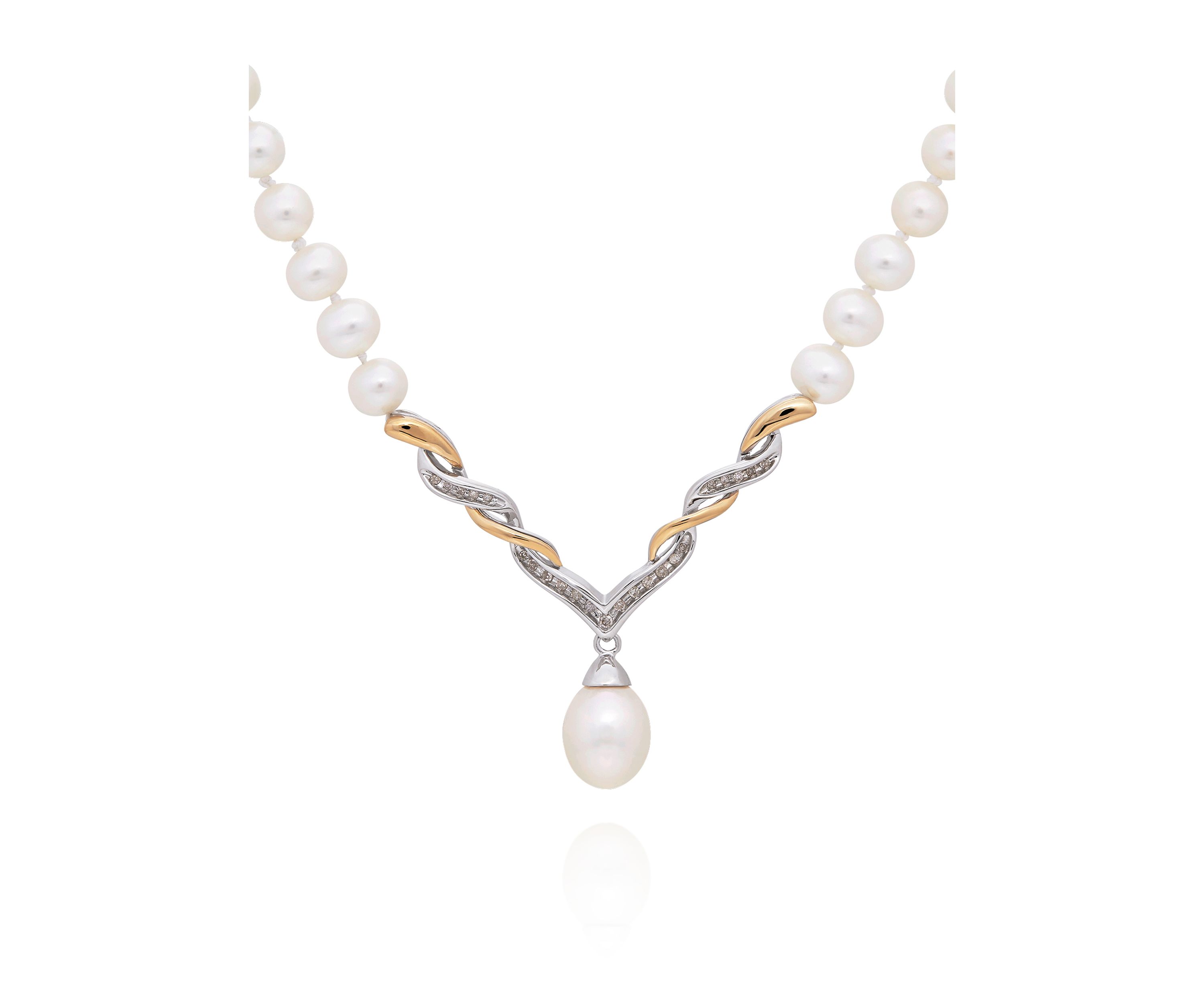 Freshwater Pearl and Diamond Necklace in Sterling Silver and 14k Yellow Gold