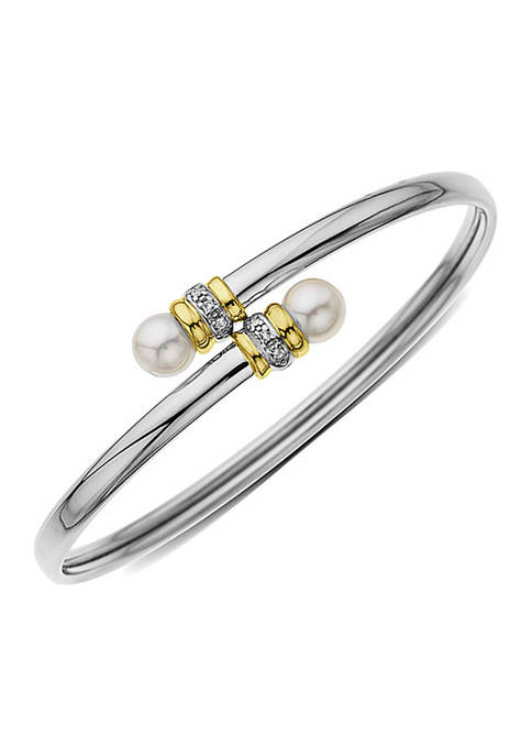 1/10 ct. t.w. Diamond and Pearl Bangle Bracelet in Sterling Sliver and 14K Yellow Gold