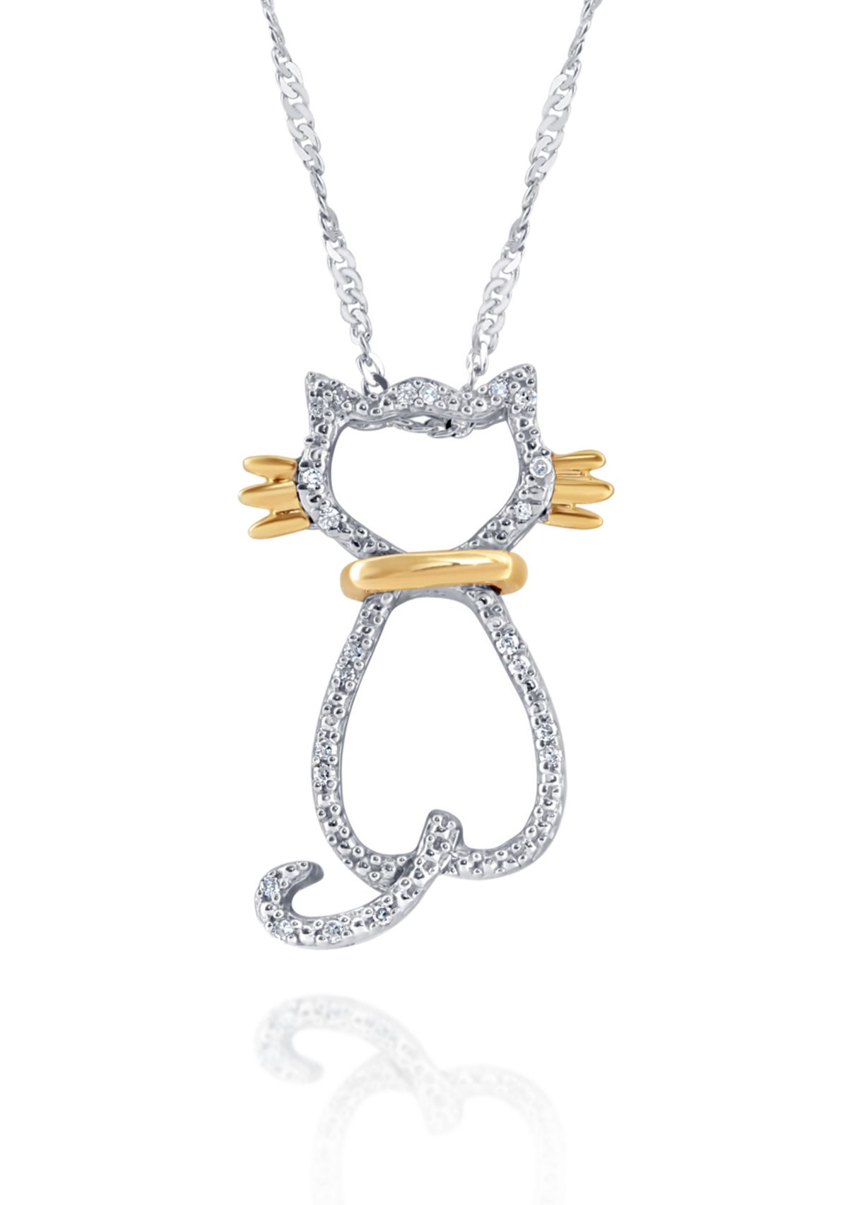 Diamond Cat Pendant in Sterling Silver and 14k Yellow Gold
