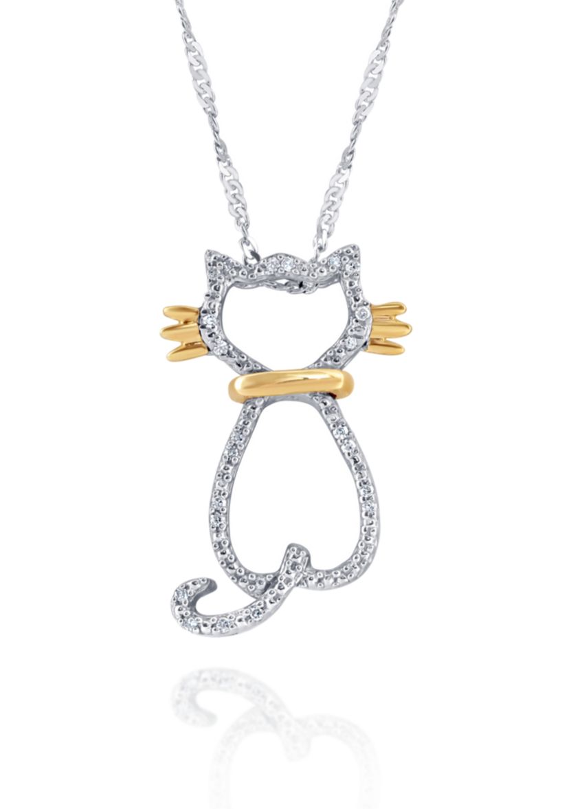 Diamond Cat Pendant in Sterling Silver and 14k Yellow Gold