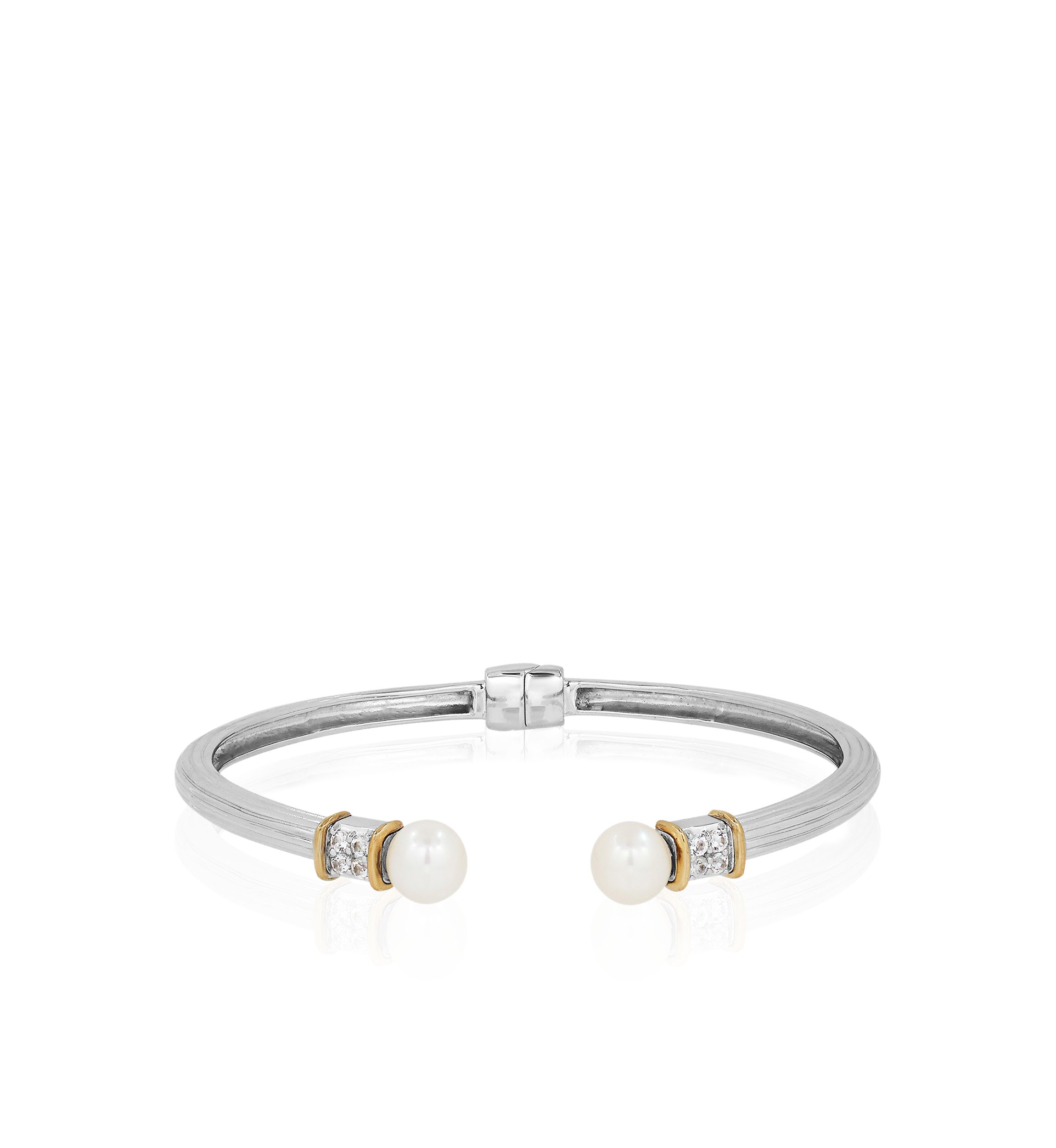 Freshwater Pearl & White Topaz Bangle in Sterling Silver & 14K Yellow Gold