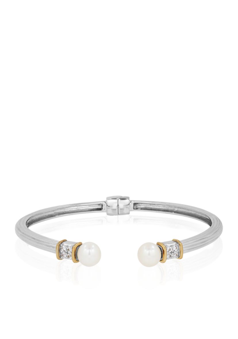 Freshwater Pearl & White Topaz Bangle in Sterling Silver & 14K Yellow Gold