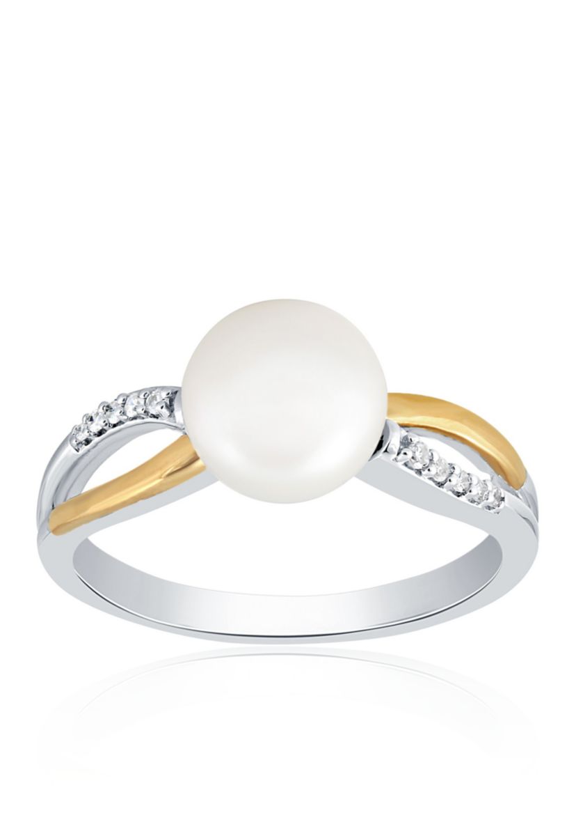Freshwater Pearl & Diamond Ring in Sterling Silver & 14K Yellow Gold