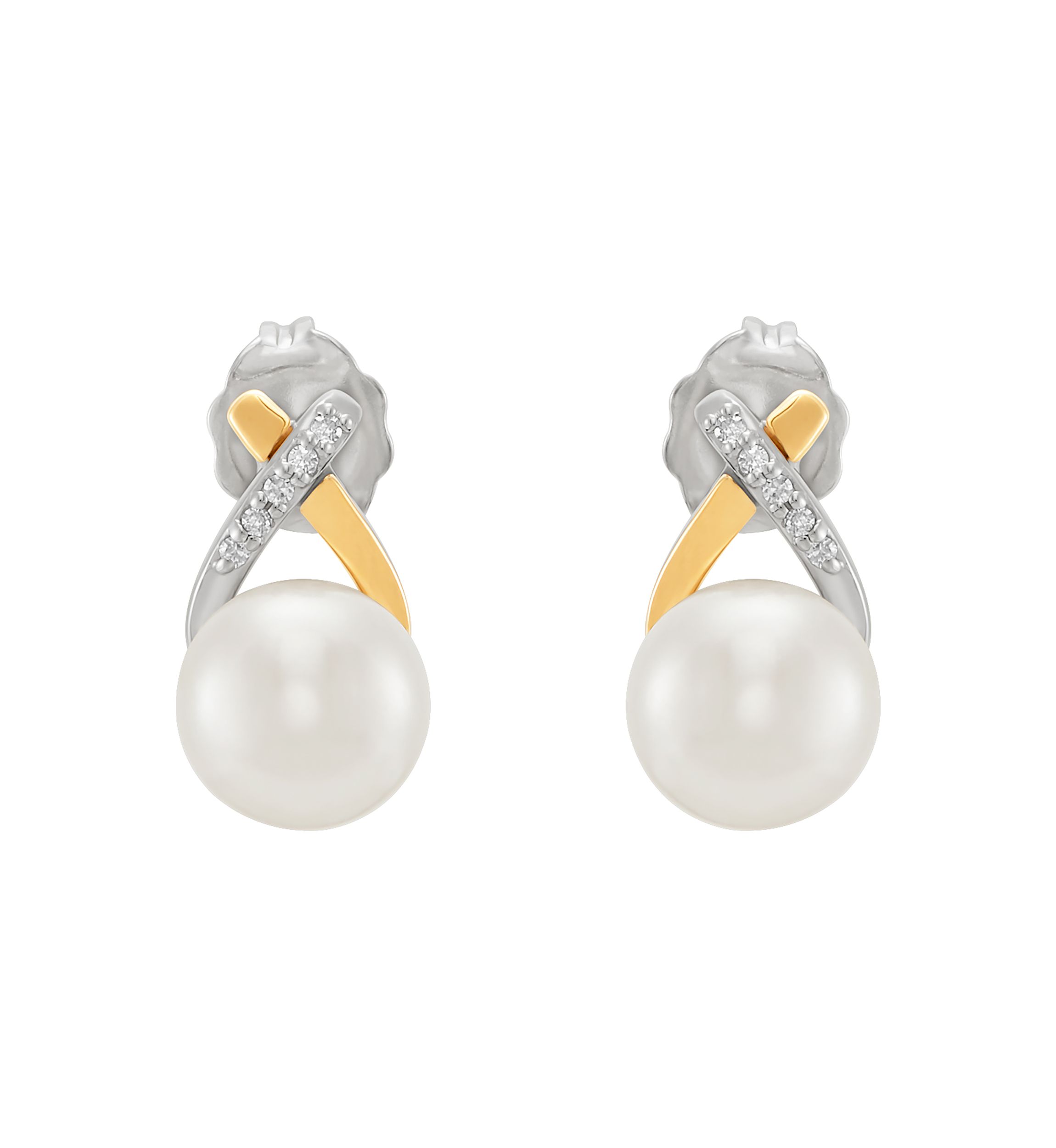 Freshwater Pearl & Diamond Stud Earrings in Sterling Silver & 14K Yellow Gold