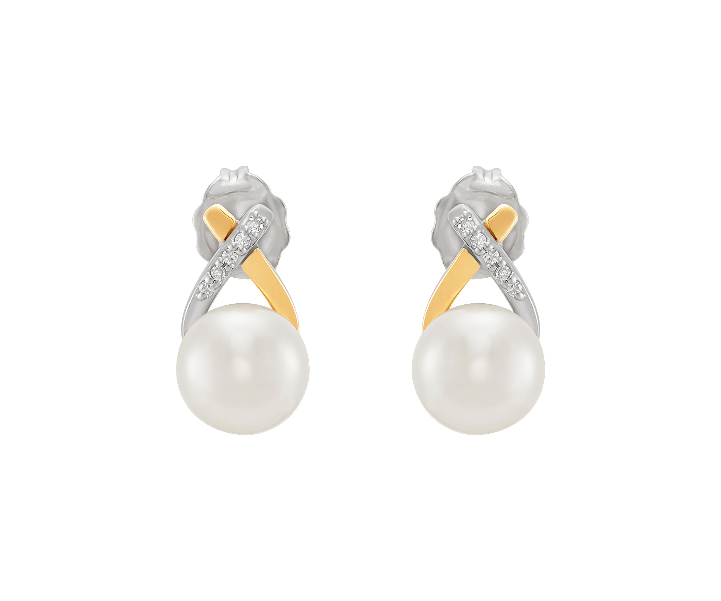 Freshwater Pearl & Diamond Stud Earrings in Sterling Silver & 14K Yellow Gold