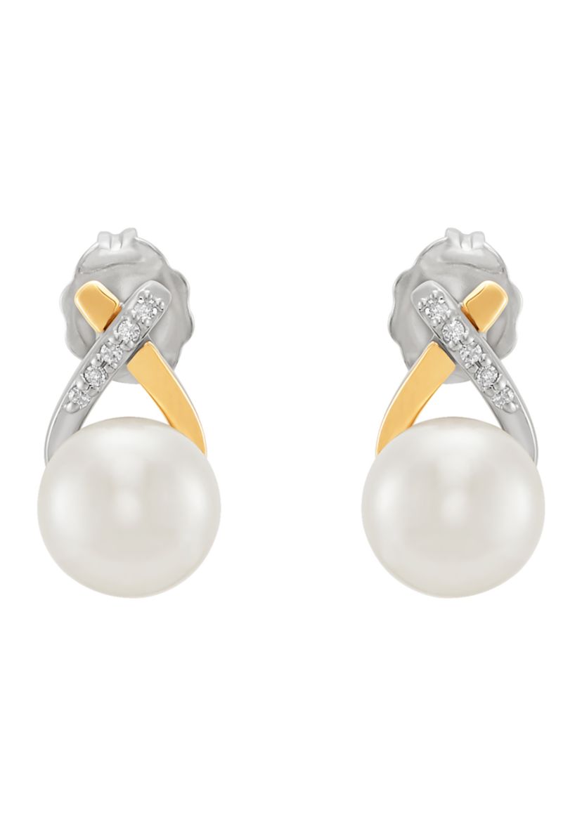 Freshwater Pearl & Diamond Stud Earrings in Sterling Silver & 14K Yellow Gold