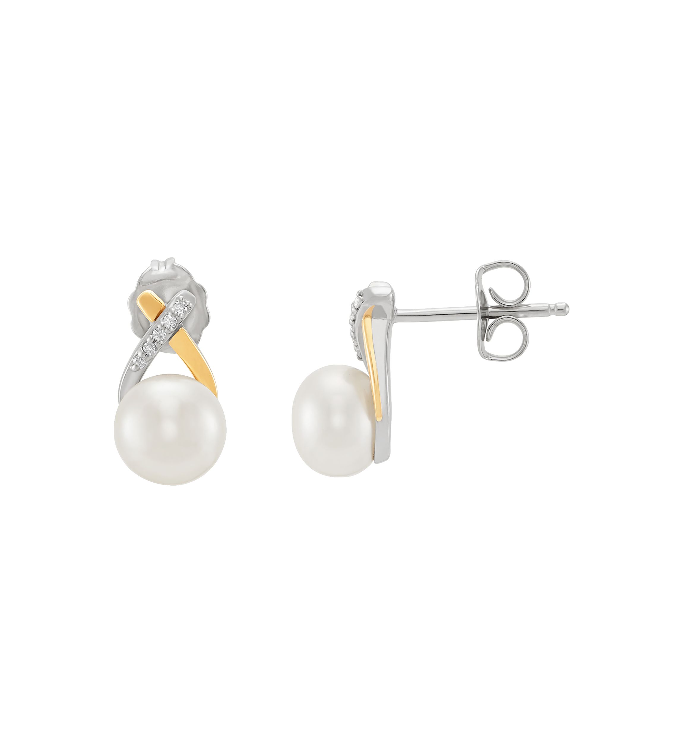 Freshwater Pearl & Diamond Stud Earrings in Sterling Silver & 14K Yellow Gold
