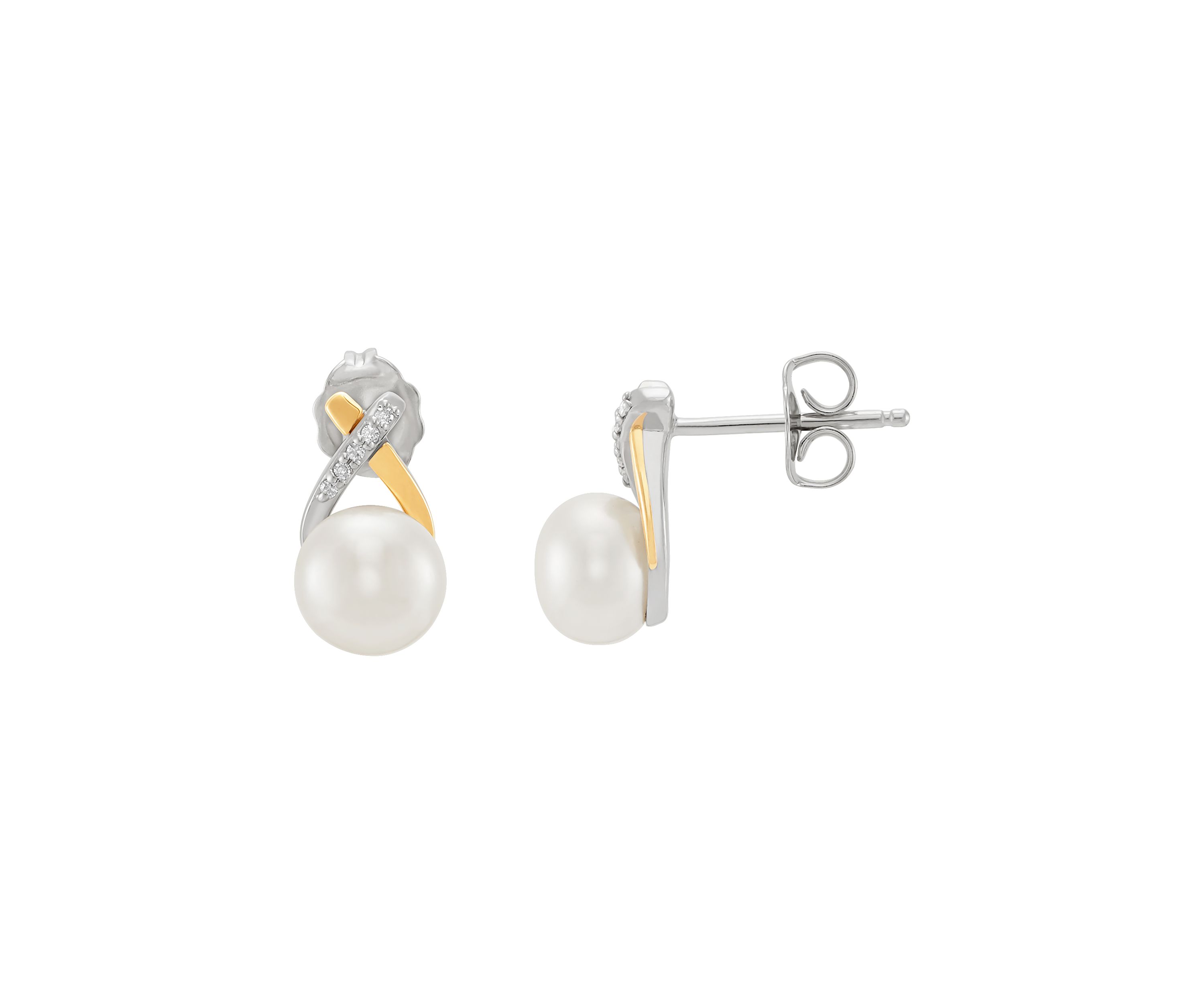 Freshwater Pearl & Diamond Stud Earrings in Sterling Silver & 14K Yellow Gold