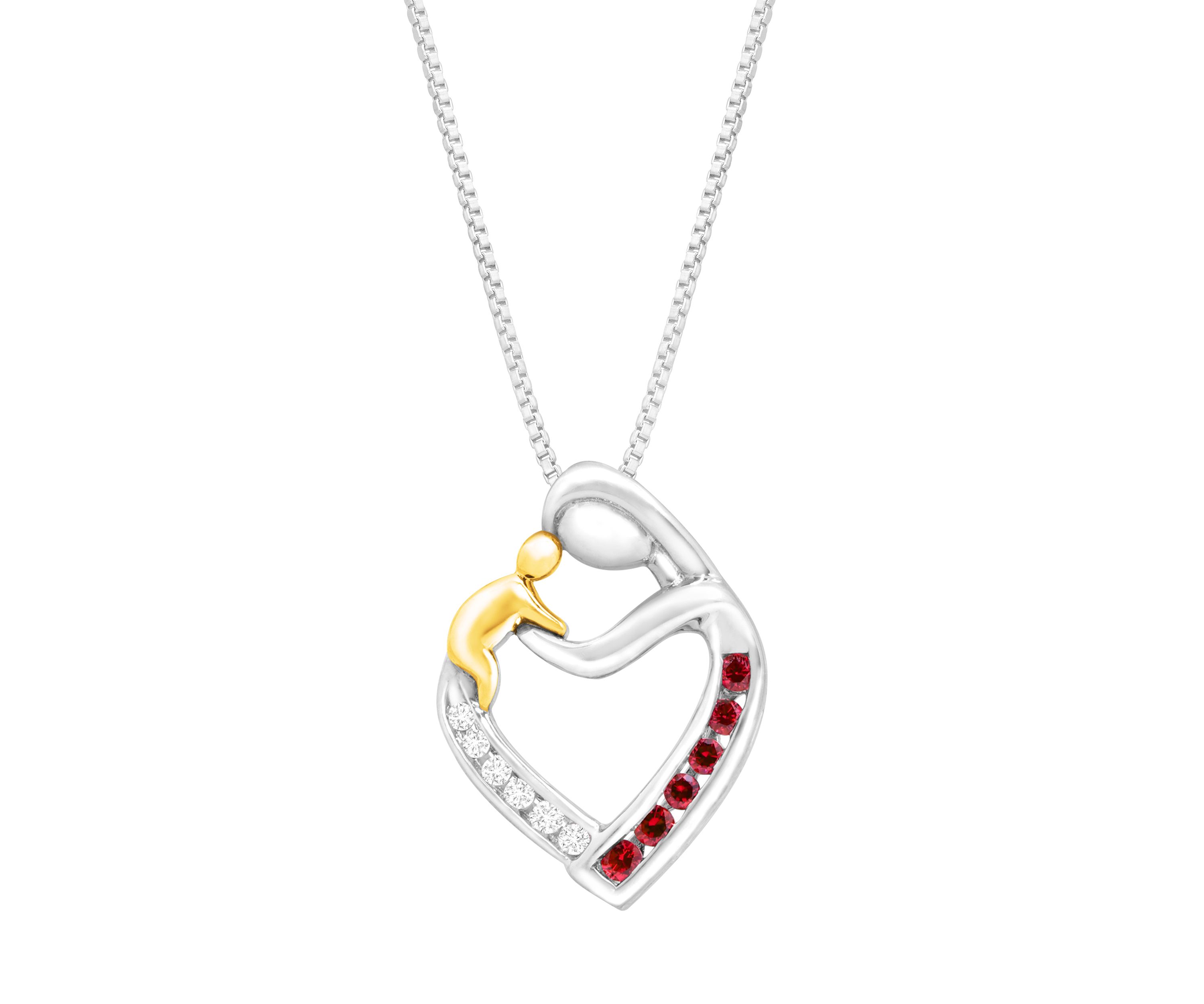 Lab Grown Diamond and Ruby Pendant with 18" Box Chain in Sterling Silver and 14K Yellow Gold