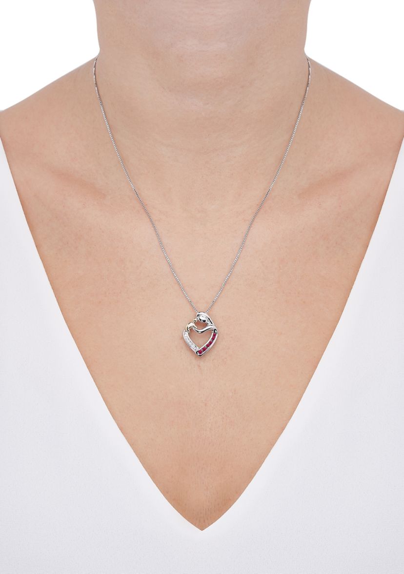 Lab Grown Diamond and Ruby Pendant with 18" Box Chain in Sterling Silver and 14K Yellow Gold