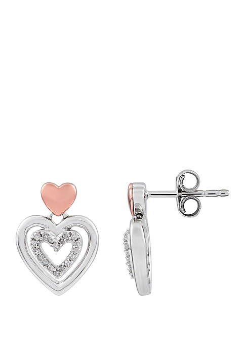 1/8 ct. t.w. Diamond Heart Earrings in Sterling Silver and 10k Rose Gold