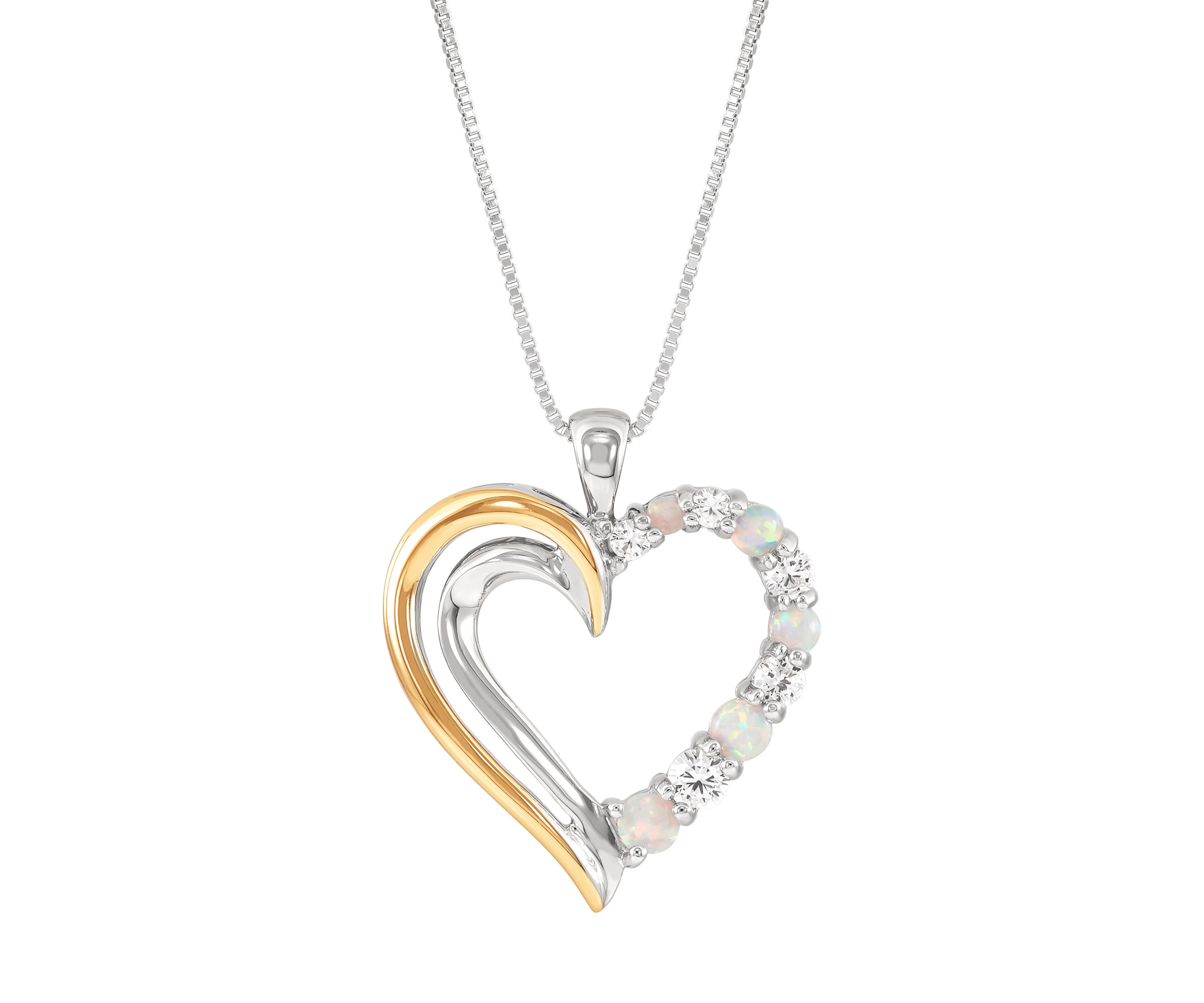 Lab Created Created Opal and Created White Sapphire Heart Pendant with 18" Box Chain Sterling Silver and 10K Yellow Gold