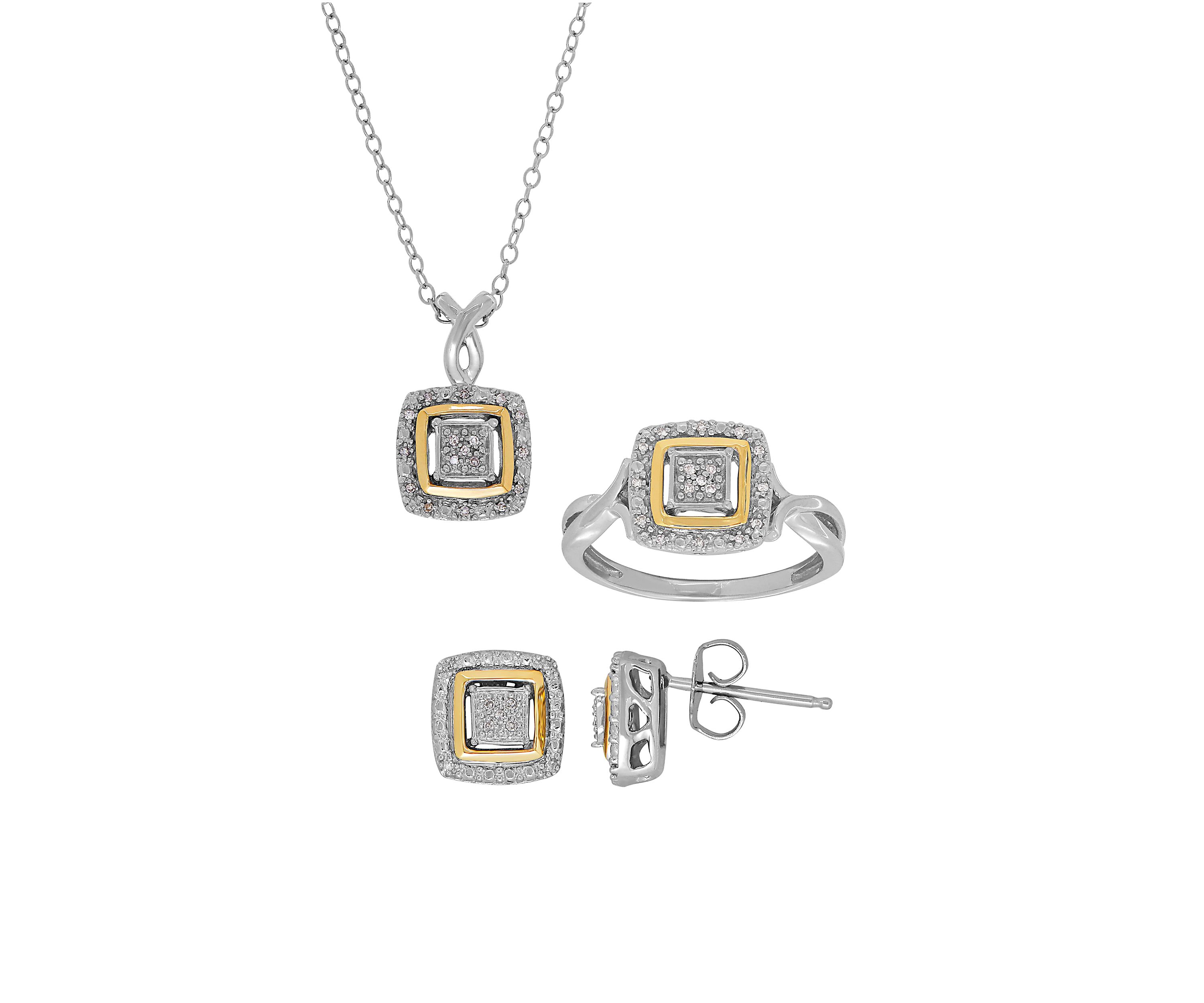1/10 ct. t.w. Diamond Earrings Ring and Pendant in Sterling Silver & 10K Yellow Gold - Square Boxed Set