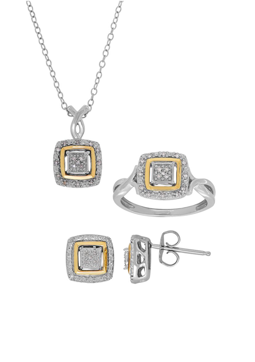 1/10 ct. t.w. Diamond Earrings Ring and Pendant in Sterling Silver & 10K Yellow Gold - Square Boxed Set