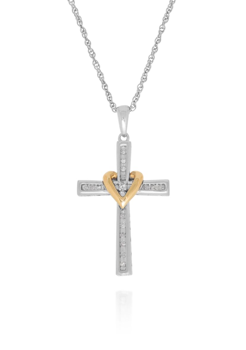 0.10 ct. t.w. Diamond Cross/Heart Pendant in Sterling Silver & 10K Yellow Gold