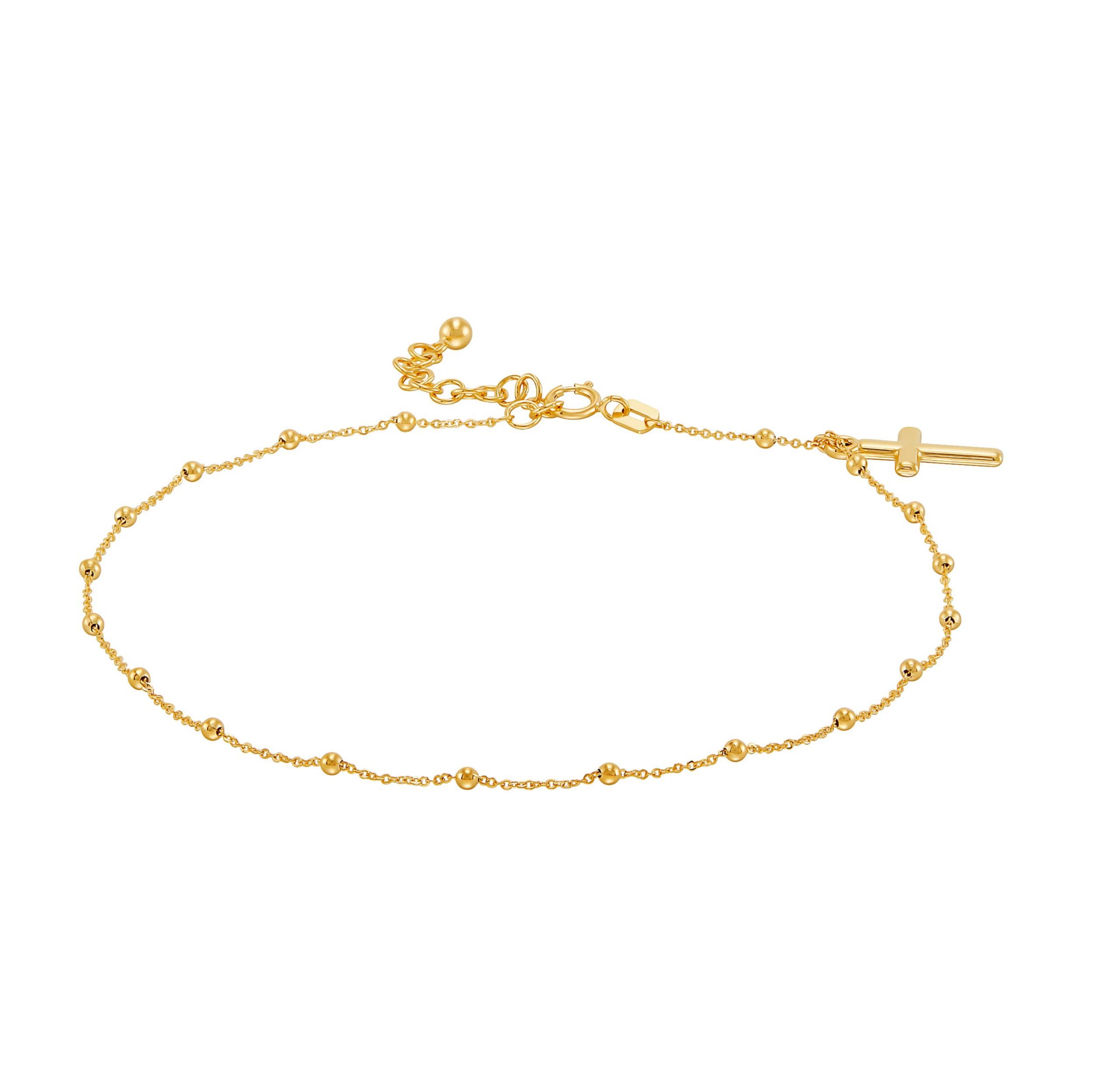 14K Yellow Gold Beaded Tincup With Dangle Cross Anklet