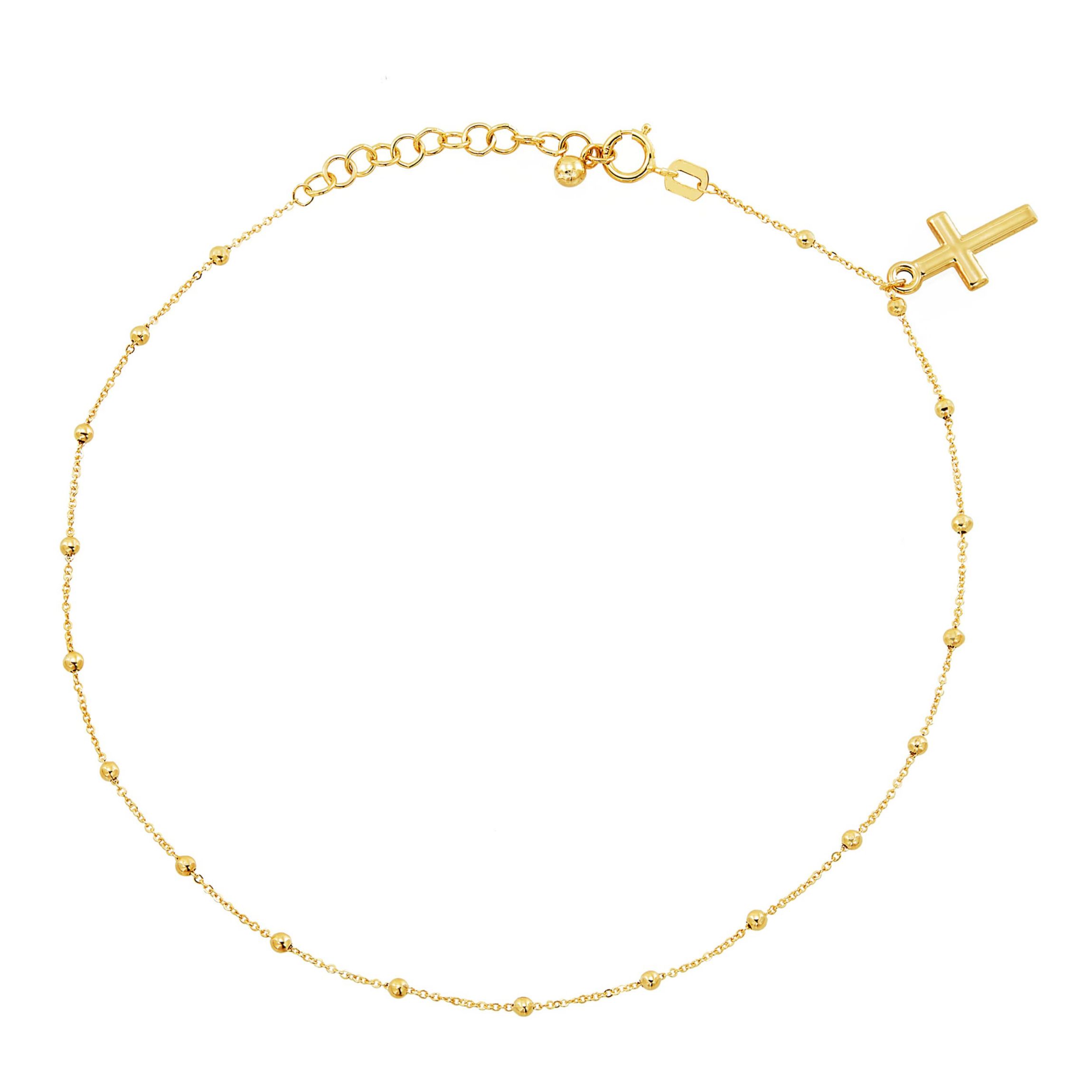 14K Yellow Gold Beaded Tincup With Dangle Cross Anklet