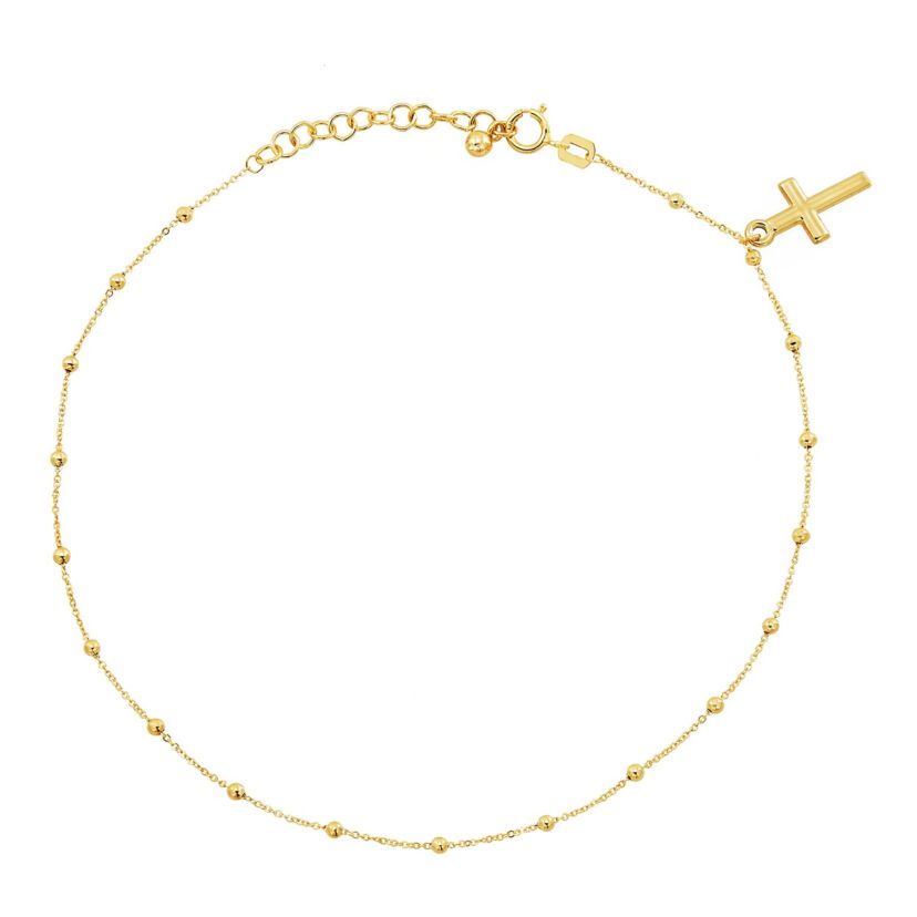 14K Yellow Gold Beaded Tincup With Dangle Cross Anklet